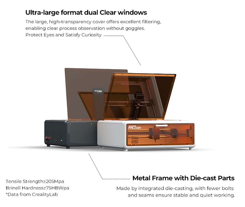 Laser Creality Falcon A1 10W FDA třídy 1, rychlé gravírování 600 mm/s, vestavěná kamera, inteligentní detekce materiálu, ochranný kryt očí, stlačené bodové vysávání 0,06 - 0,08 mm, odsávací ventilátor, 305*381 mm