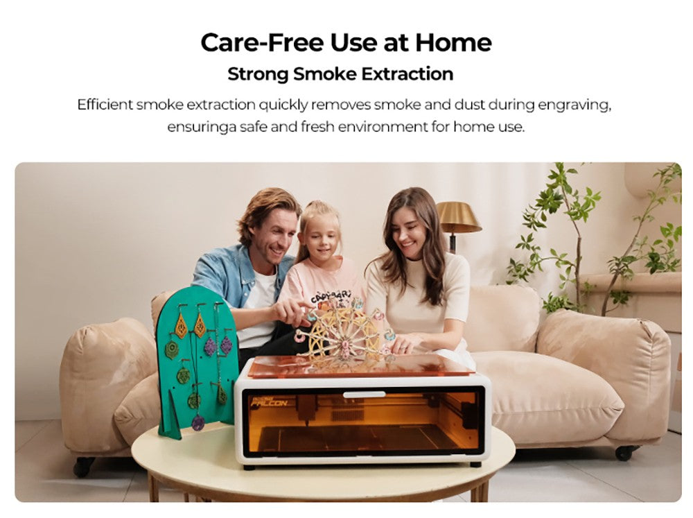 Laser Creality Falcon A1 10W FDA třídy 1, rychlé gravírování 600 mm/s, vestavěná kamera, inteligentní detekce materiálu, ochranný kryt očí, stlačené bodové vysávání 0,06 - 0,08 mm, odsávací ventilátor, 305*381 mm