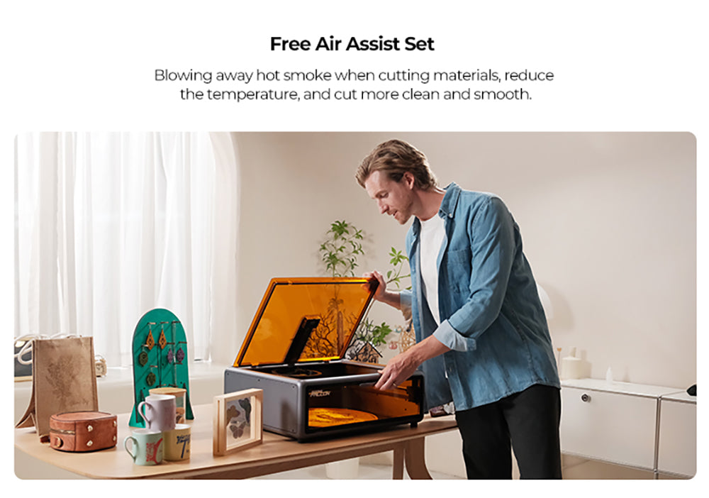 Laser Creality Falcon A1 10W FDA třídy 1, rychlé gravírování 600 mm/s, vestavěná kamera, inteligentní detekce materiálu, ochranný kryt očí, stlačené bodové vysávání 0,06 - 0,08 mm, odsávací ventilátor, 305*381 mm