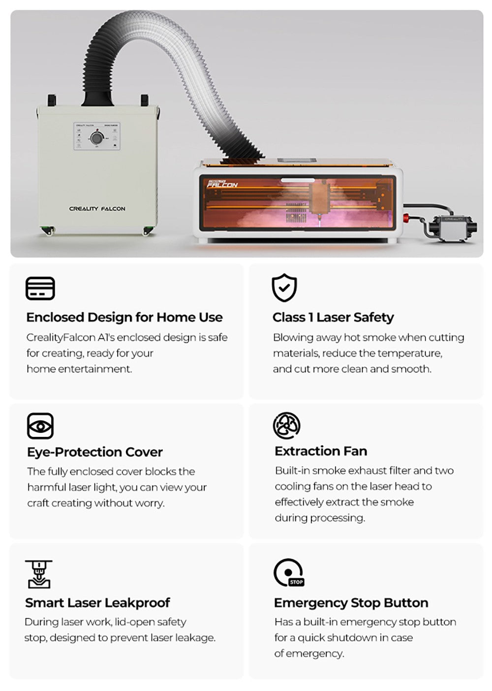 Laser Creality Falcon A1 10W FDA třídy 1, rychlé gravírování 600 mm/s, vestavěná kamera, inteligentní detekce materiálu, ochranný kryt očí, stlačené bodové vysávání 0,06 - 0,08 mm, odsávací ventilátor, 305*381 mm