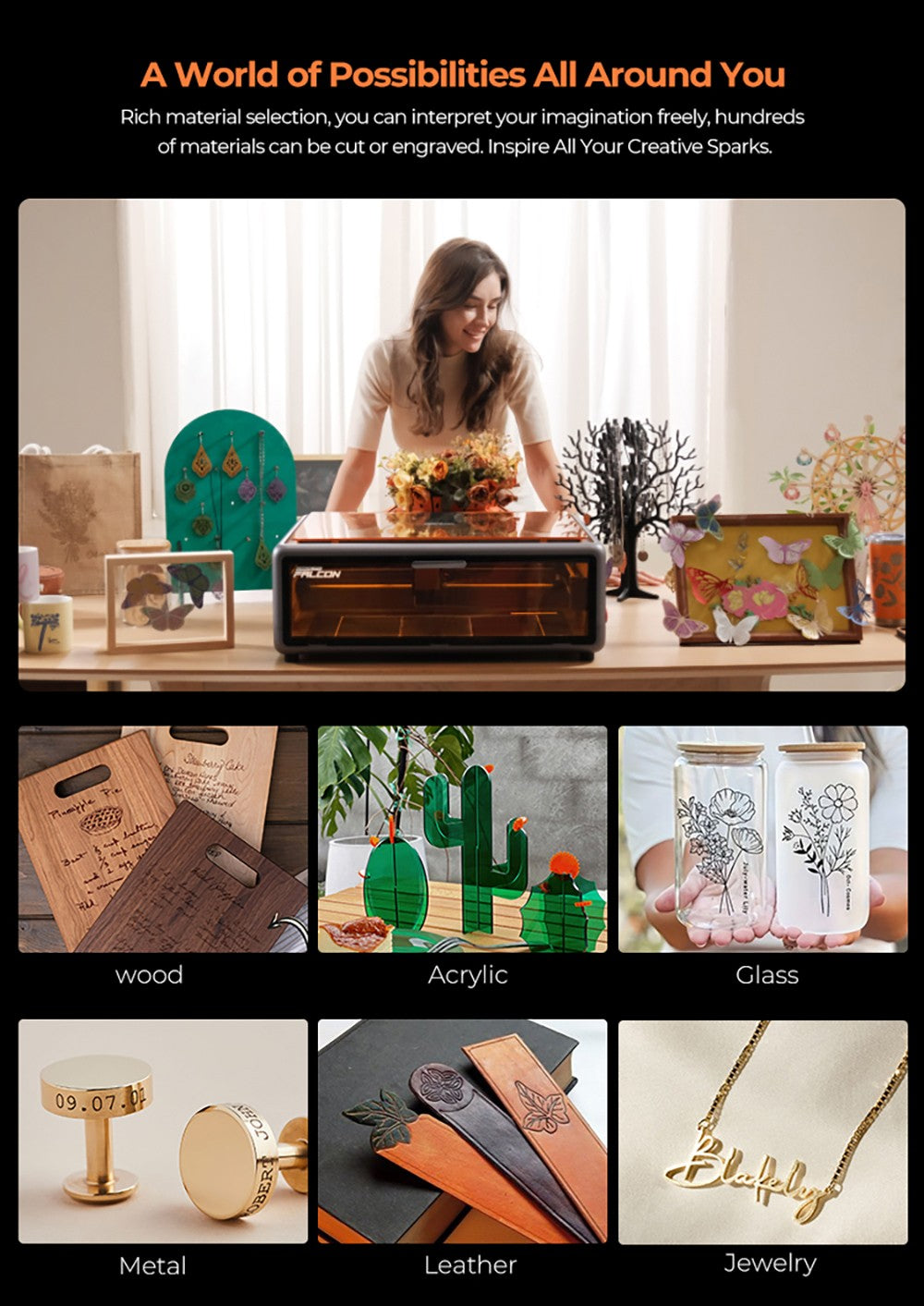 Laser Creality Falcon A1 10W FDA třídy 1, rychlé gravírování 600 mm/s, vestavěná kamera, inteligentní detekce materiálu, ochranný kryt očí, stlačené bodové vysávání 0,06 - 0,08 mm, odsávací ventilátor, 305*381 mm