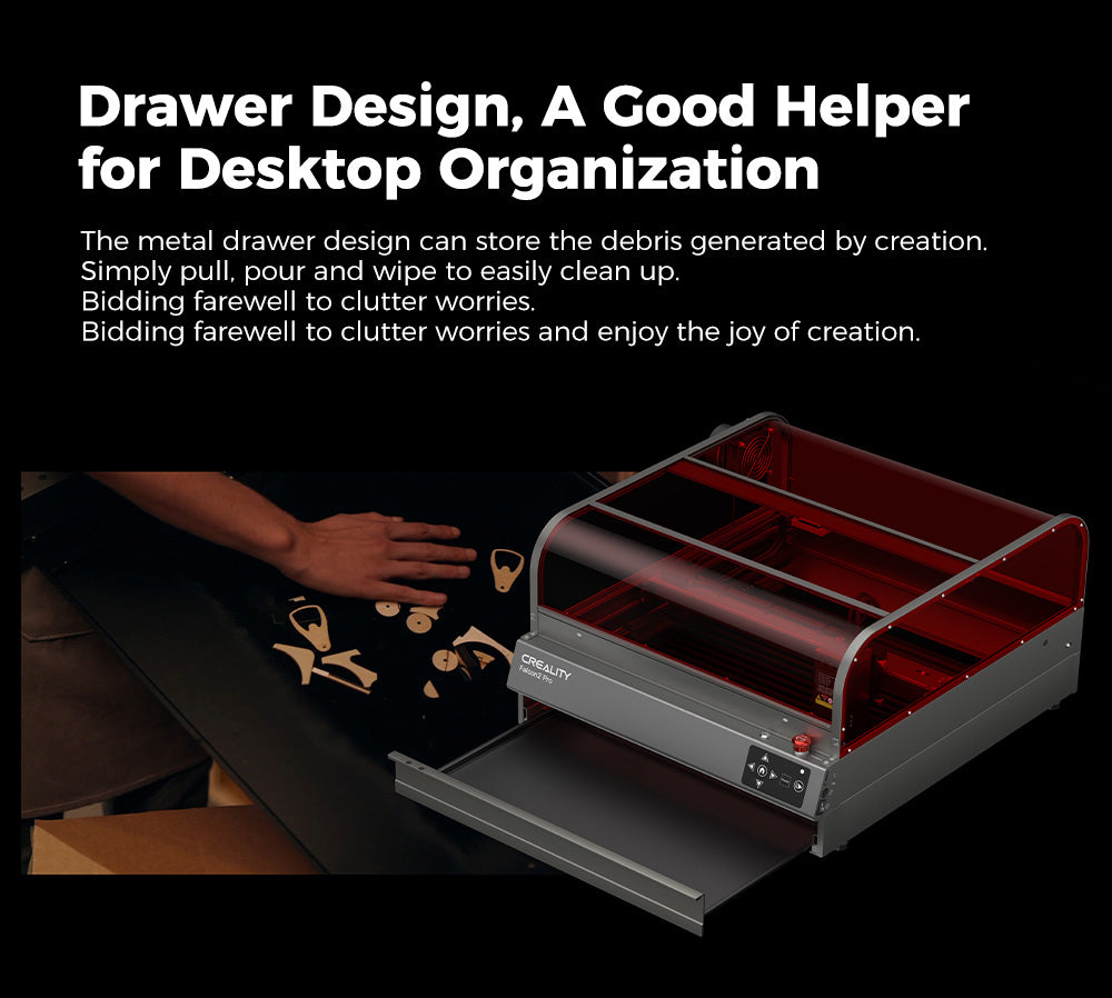 Laserová gravírka a řezačka Creality Falcon2 Pro 40W, bezpečnostní certifikace FDA třídy 1, odvod kouře, integrovaný přídavný vzduchový asistent, vestavěná kamera, ochranný pásek typu plot, monitorování požáru / proudění vzduchu / čočky, 400*415 mm