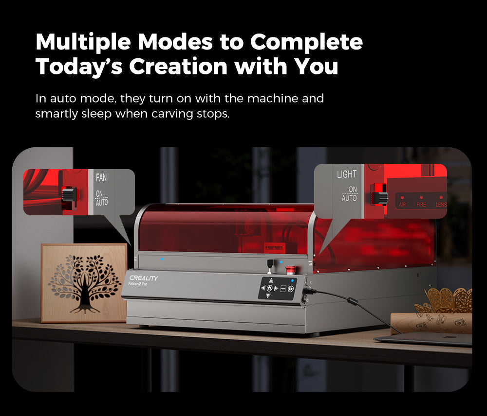 Laserová gravírka a řezačka Creality Falcon2 Pro 40W, bezpečnostní certifikace FDA třídy 1, odvod kouře, integrovaný přídavný vzduchový asistent, vestavěná kamera, ochranný pásek typu plot, monitorování požáru / proudění vzduchu / čočky, 400*415 mm