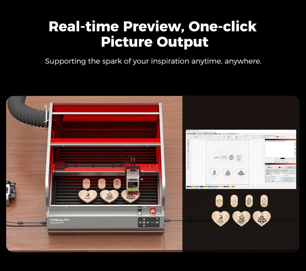 Laserová gravírka a řezačka Creality Falcon2 Pro 40W, bezpečnostní certifikace FDA třídy 1, odvod kouře, integrovaný přídavný vzduchový asistent, vestavěná kamera, ochranný pásek typu plot, monitorování požáru / proudění vzduchu / čočky, 400*415 mm