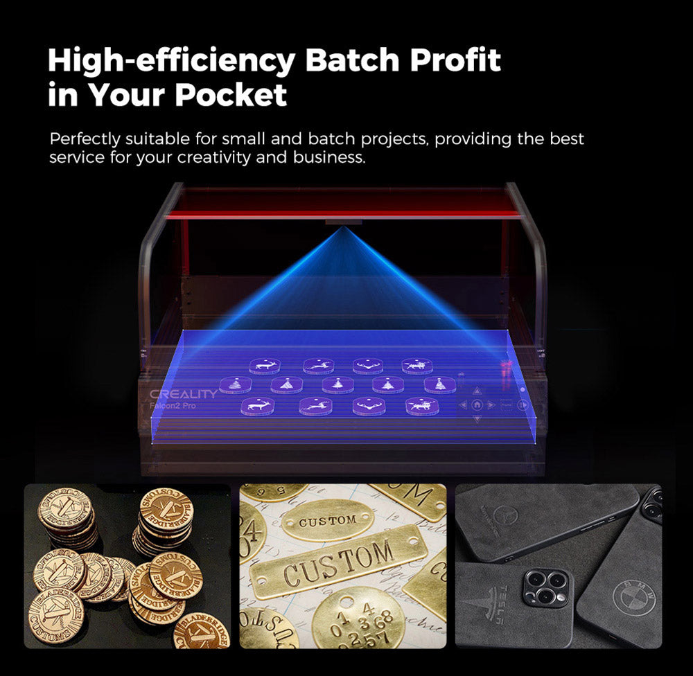 Laserová gravírka a řezačka Creality Falcon2 Pro 40W, bezpečnostní certifikace FDA třídy 1, odvod kouře, integrovaný přídavný vzduchový asistent, vestavěná kamera, ochranný pásek typu plot, monitorování požáru / proudění vzduchu / čočky, 400*415 mm