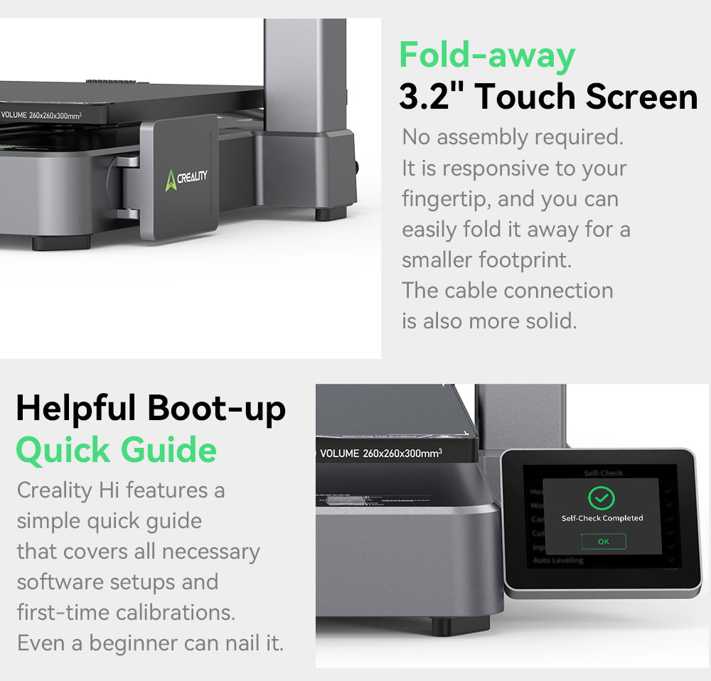 Creality Hi Combo, systém CFS Multimateriál, rychlý tisk 500 mm/s, monitorovací kamera s krytkou pro ochranu soukromí, až 16 barev, automatická kalibrace, automatické vyrovnání podložky, redukce náklonu v ose X, celokovové tělo, 260*260*300 mm