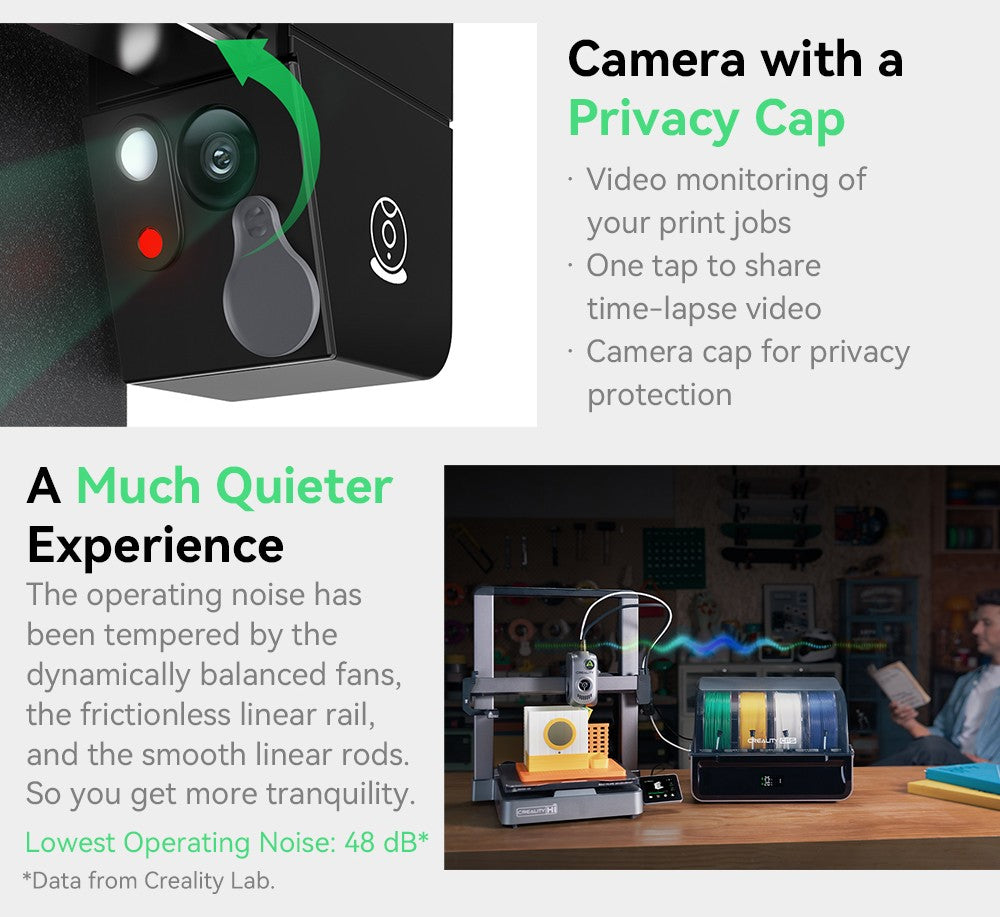 Creality Hi Combo, systém CFS Multimateriál, rychlý tisk 500 mm/s, monitorovací kamera s krytkou pro ochranu soukromí, až 16 barev, automatická kalibrace, automatické vyrovnání podložky, redukce náklonu v ose X, celokovové tělo, 260*260*300 mm