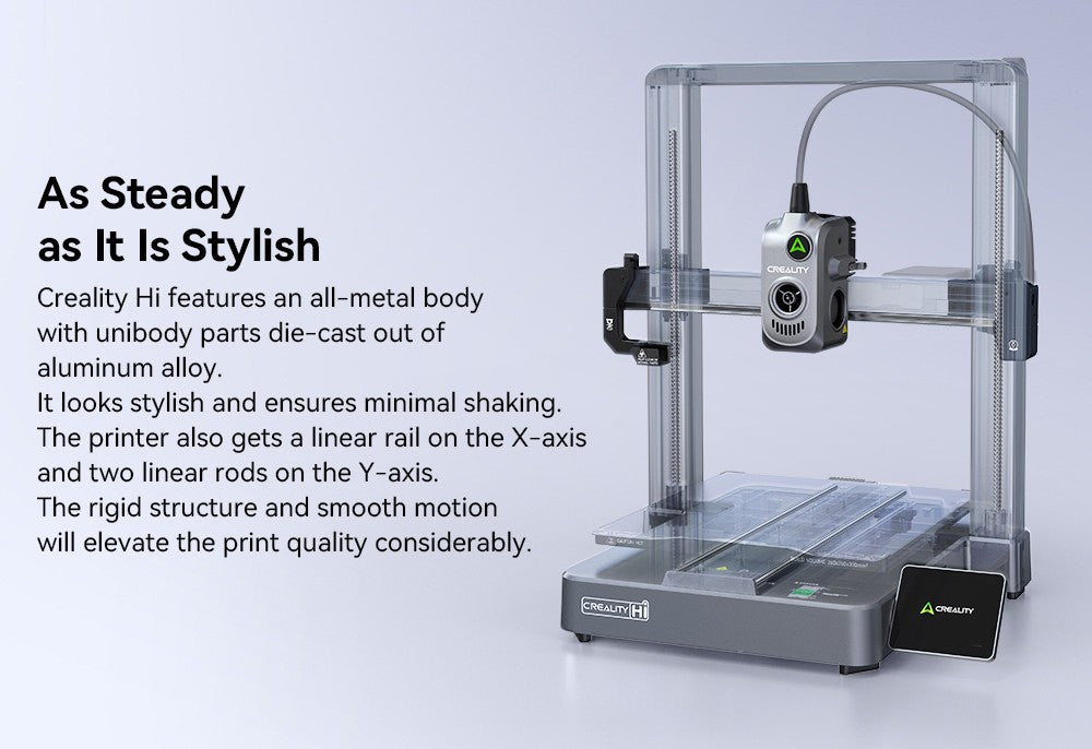 Creality Hi Combo, systém CFS Multimateriál, rychlý tisk 500 mm/s, monitorovací kamera s krytkou pro ochranu soukromí, až 16 barev, automatická kalibrace, automatické vyrovnání podložky, redukce náklonu v ose X, celokovové tělo, 260*260*300 mm