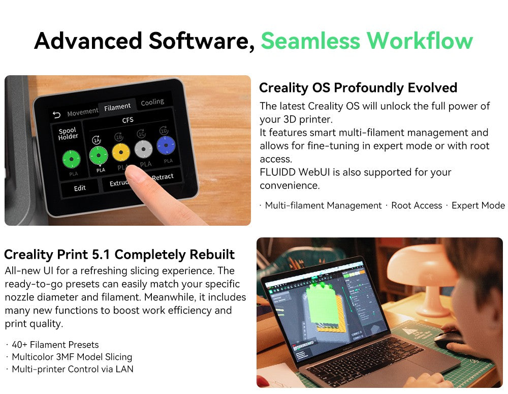 Creality Hi Combo, systém CFS Multimateriál, rychlý tisk 500 mm/s, monitorovací kamera s krytkou pro ochranu soukromí, až 16 barev, automatická kalibrace, automatické vyrovnání podložky, redukce náklonu v ose X, celokovové tělo, 260*260*300 mm