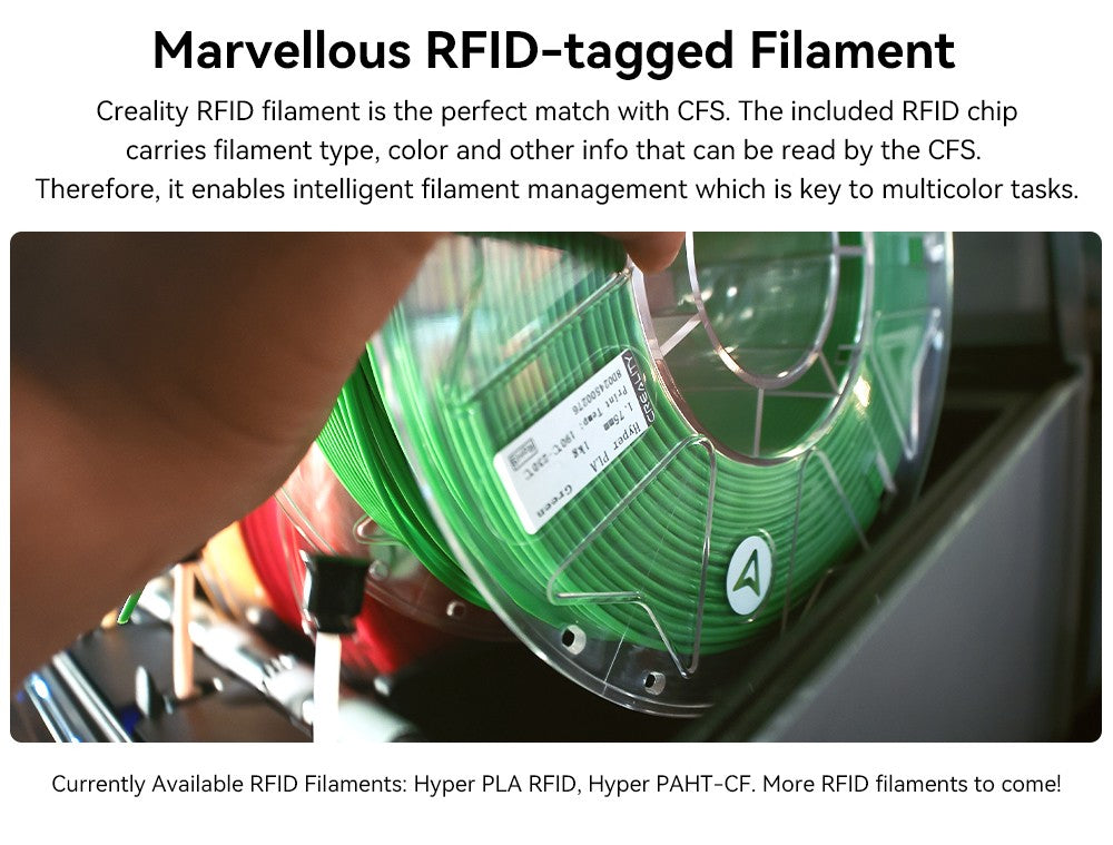 Creality Hi Combo, systém CFS Multimateriál, rychlý tisk 500 mm/s, monitorovací kamera s krytkou pro ochranu soukromí, až 16 barev, automatická kalibrace, automatické vyrovnání podložky, redukce náklonu v ose X, celokovové tělo, 260*260*300 mm