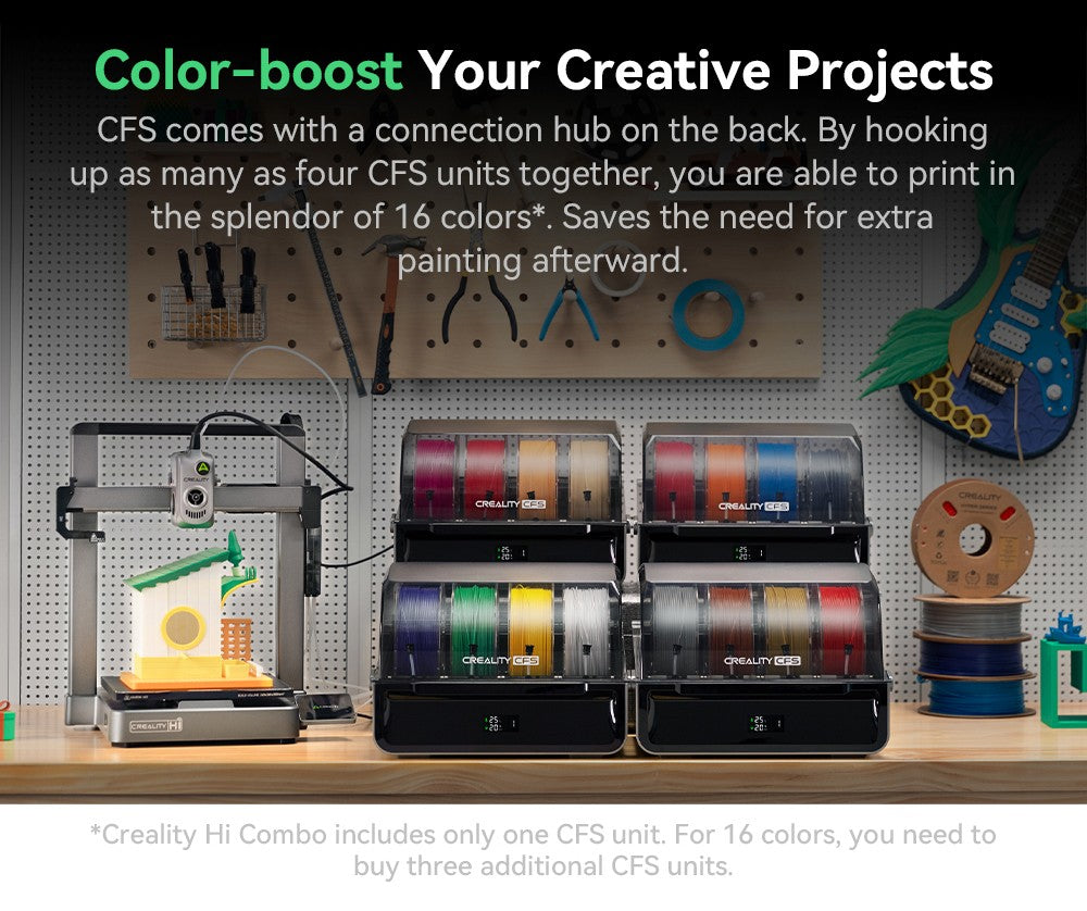 Creality Hi Combo, systém CFS Multimateriál, rychlý tisk 500 mm/s, monitorovací kamera s krytkou pro ochranu soukromí, až 16 barev, automatická kalibrace, automatické vyrovnání podložky, redukce náklonu v ose X, celokovové tělo, 260*260*300 mm
