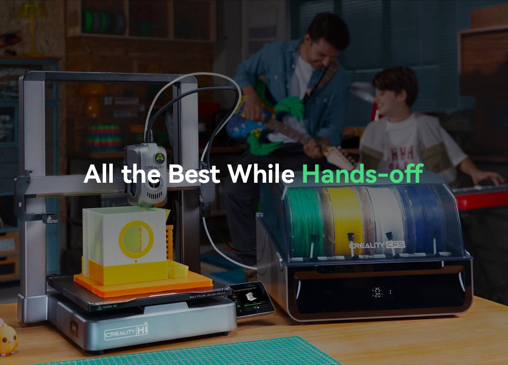 Creality Hi Combo, systém CFS Multimateriál, rychlý tisk 500 mm/s, monitorovací kamera s krytkou pro ochranu soukromí, až 16 barev, automatická kalibrace, automatické vyrovnání podložky, redukce náklonu v ose X, celokovové tělo, 260*260*300 mm