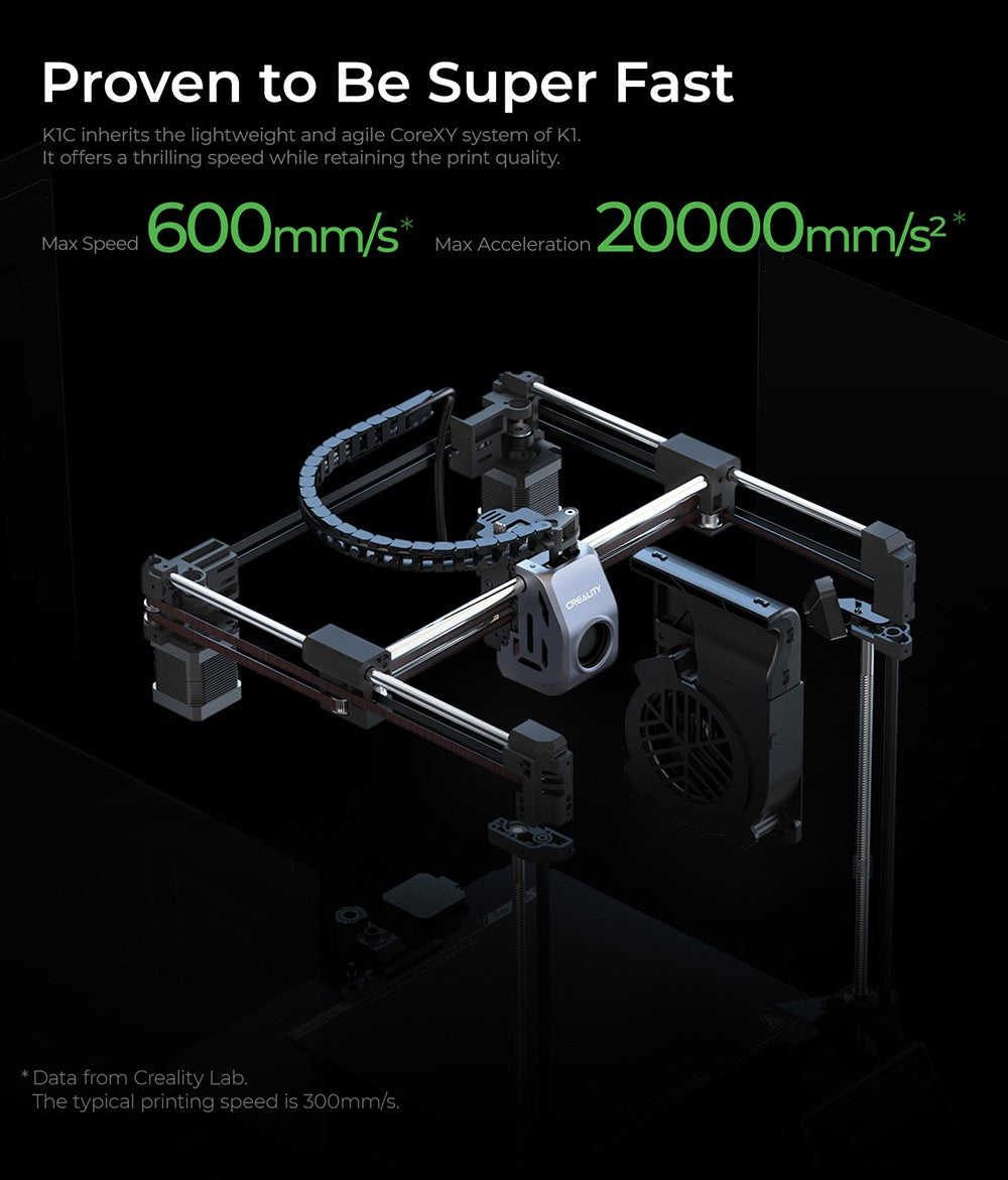 3D tiskárna Creality K1C, maximální rychlost 600 mm/s, AI kamera, rychloupínací tryska, celokovový extruder, tiskne uhlíková vlákna, vzduchový filtr a tichý režim