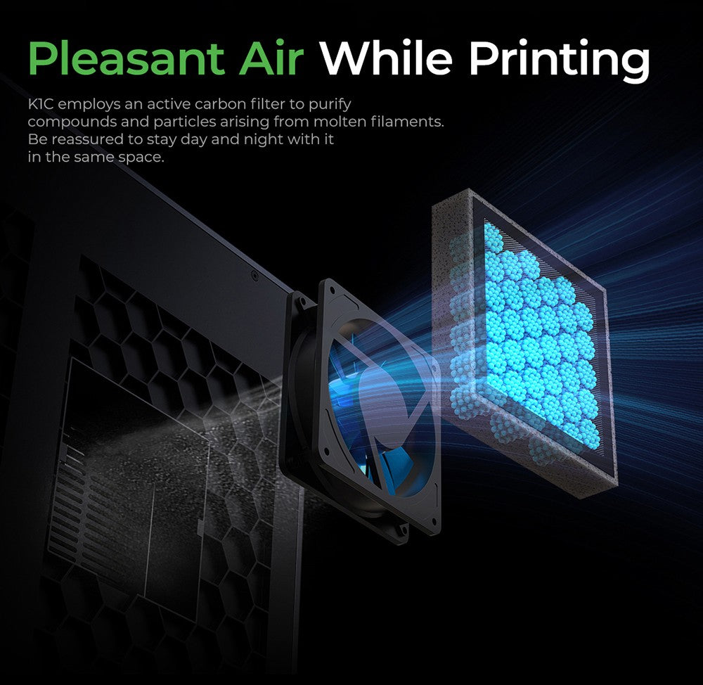 3D tiskárna Creality K1C, maximální rychlost 600 mm/s, AI kamera, rychloupínací tryska, celokovový extruder, tiskne uhlíková vlákna, vzduchový filtr a tichý režim