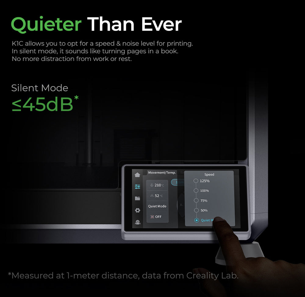 3D tiskárna Creality K1C, maximální rychlost 600 mm/s, AI kamera, rychloupínací tryska, celokovový extruder, tiskne uhlíková vlákna, vzduchový filtr a tichý režim
