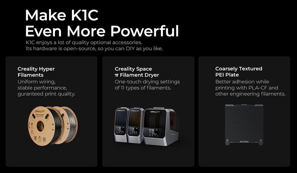 3D tiskárna Creality K1C, maximální rychlost 600 mm/s, AI kamera, rychloupínací tryska, celokovový extruder, tiskne uhlíková vlákna, vzduchový filtr a tichý režim