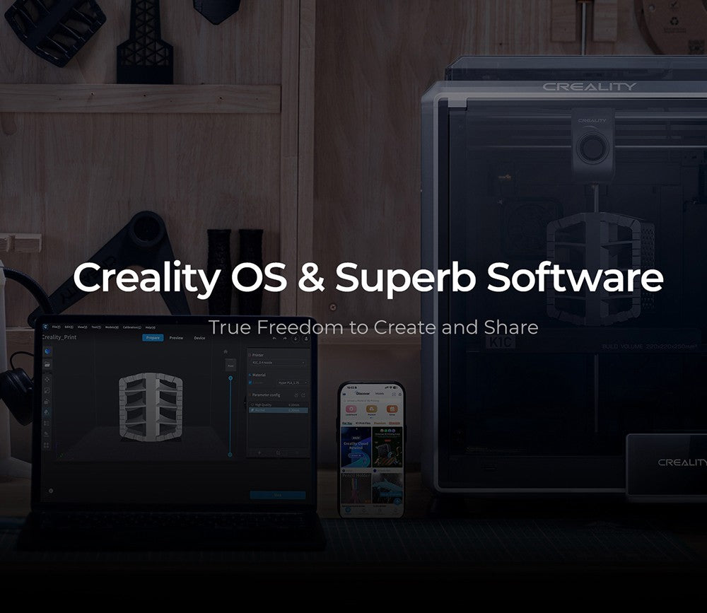 3D tiskárna Creality K1C, maximální rychlost 600 mm/s, AI kamera, rychloupínací tryska, celokovový extruder, tiskne uhlíková vlákna, vzduchový filtr a tichý režim