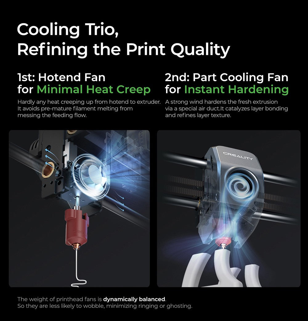 3D tiskárna Creality K1C, maximální rychlost 600 mm/s, AI kamera, rychloupínací tryska, celokovový extruder, tiskne uhlíková vlákna, vzduchový filtr a tichý režim