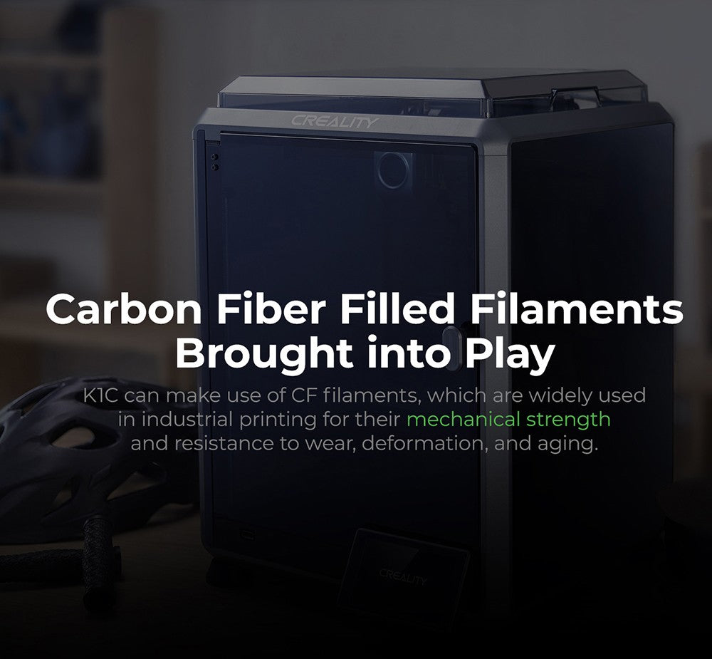 3D tiskárna Creality K1C, maximální rychlost 600 mm/s, AI kamera, rychloupínací tryska, celokovový extruder, tiskne uhlíková vlákna, vzduchový filtr a tichý režim