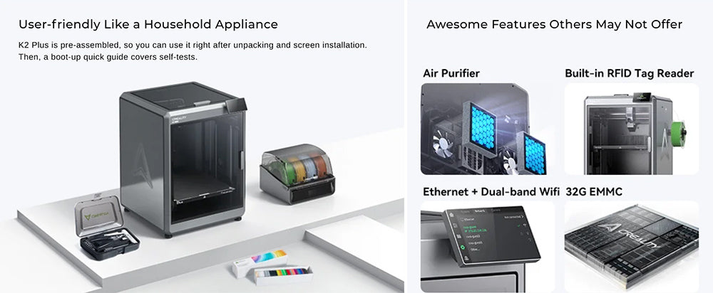 Kombinovaná 3D tiskárna Creality K2 Plus s CFS, 600 mm/s, vícebarevný tisk, extruder Apus, detekce náklonu, motory s uzavřenou smyčkou FOC, aktivní ohřívač komory, 350x350x350 mm