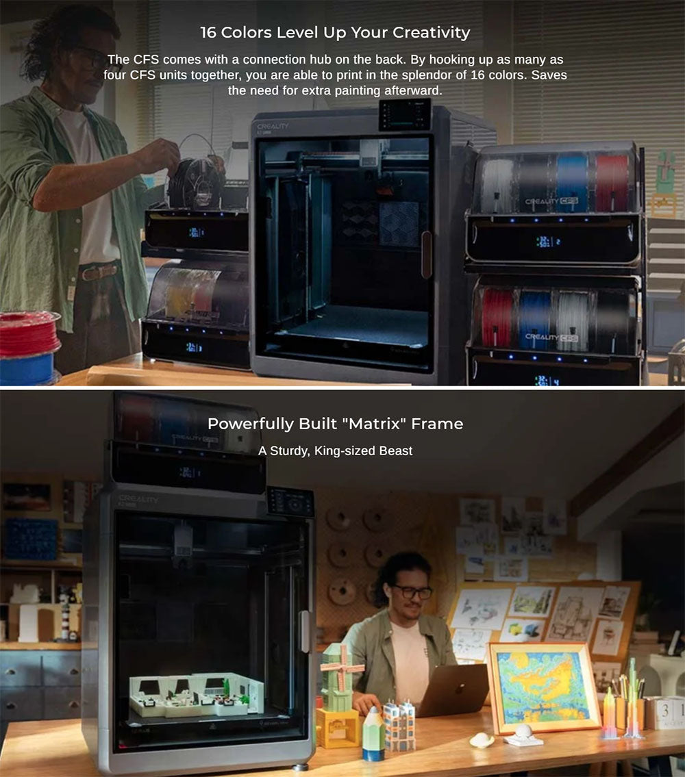 Kombinovaná 3D tiskárna Creality K2 Plus s CFS, 600 mm/s, vícebarevný tisk, extruder Apus, detekce náklonu, motory s uzavřenou smyčkou FOC, aktivní ohřívač komory, 350x350x350 mm