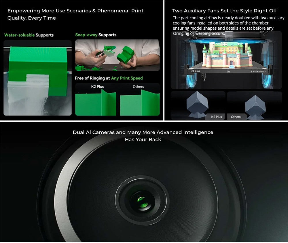 Kombinovaná 3D tiskárna Creality K2 Plus s CFS, 600 mm/s, vícebarevný tisk, extruder Apus, detekce náklonu, motory s uzavřenou smyčkou FOC, aktivní ohřívač komory, 350x350x350 mm