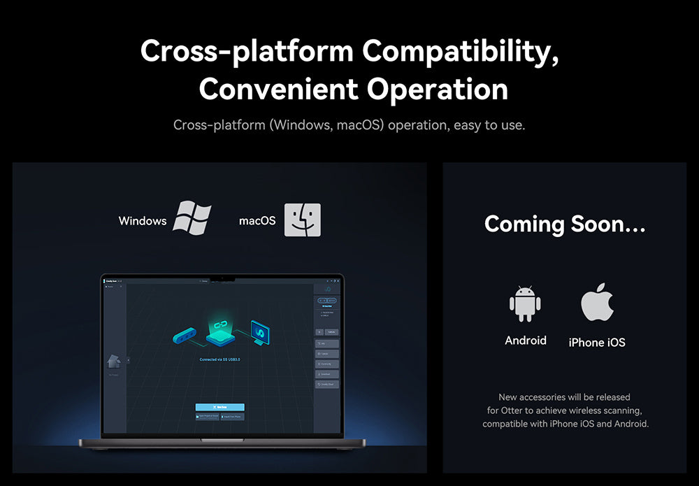 3D skener Creality CR Scan Otter, rychlost skenování 20 snímků za sekundu, přesnost 0,02 mm, 4-čočkové stereo vidění, 24bitové plnobarevné skenování, 8 infračervených světel