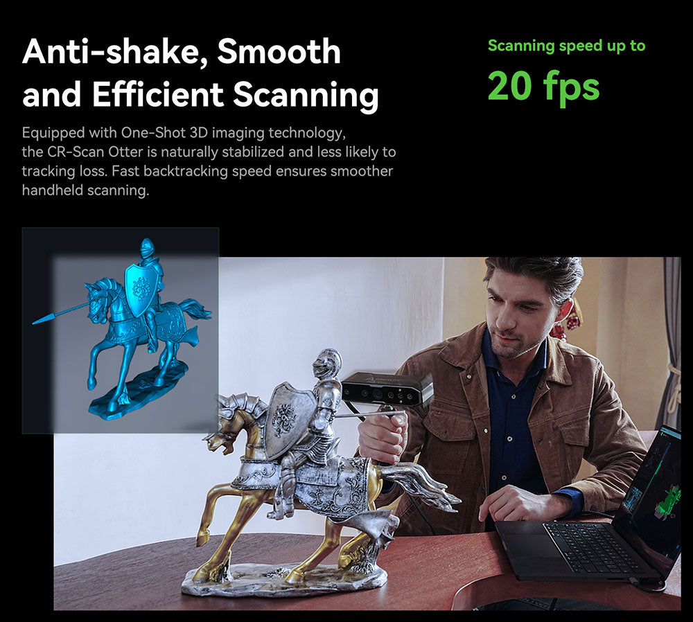 3D skener Creality CR Scan Otter, rychlost skenování 20 snímků za sekundu, přesnost 0,02 mm, 4-čočkové stereo vidění, 24bitové plnobarevné skenování, 8 infračervených světel