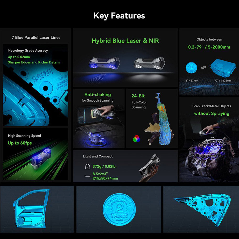 3D skener Creality Raptor, hybridní modrý laser NIR, rychlost skenování 60 snímků za sekundu, objekty o velikosti 5–2000 mm, 24bitové plnobarevné skenování, přesnost 0,02 mm, ochrana proti otřesům