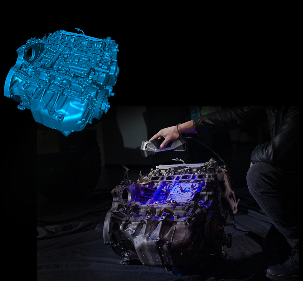 3D skener Creality Raptor, hybridní modrý laser NIR, rychlost skenování 60 snímků za sekundu, objekty o velikosti 5–2000 mm, 24bitové plnobarevné skenování, přesnost 0,02 mm, ochrana proti otřesům