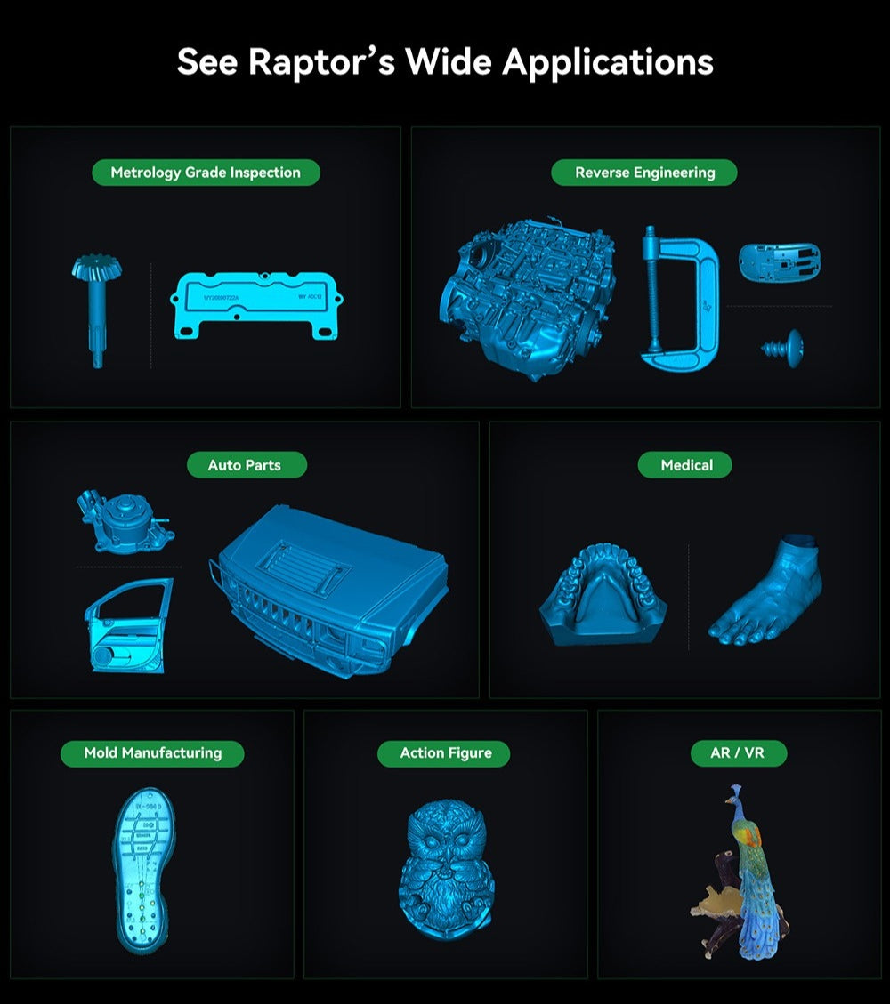 3D skener Creality Raptor, hybridní modrý laser NIR, rychlost skenování 60 snímků za sekundu, objekty o velikosti 5–2000 mm, 24bitové plnobarevné skenování, přesnost 0,02 mm, ochrana proti otřesům