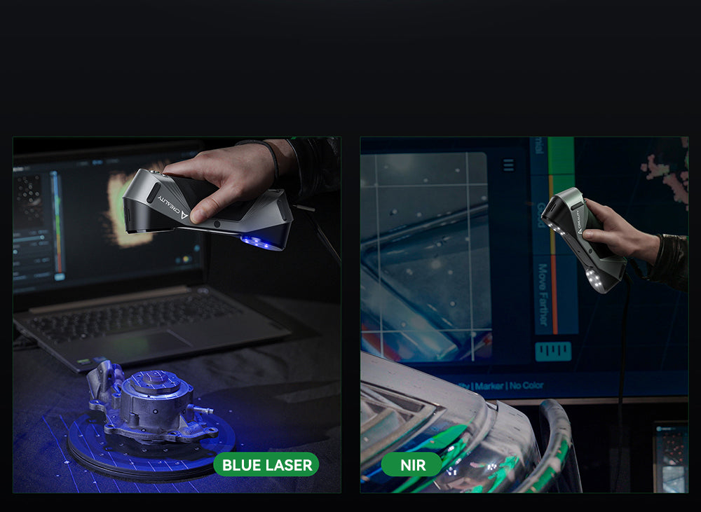 3D skener Creality Raptor, hybridní modrý laser NIR, rychlost skenování 60 snímků za sekundu, objekty o velikosti 5–2000 mm, 24bitové plnobarevné skenování, přesnost 0,02 mm, ochrana proti otřesům