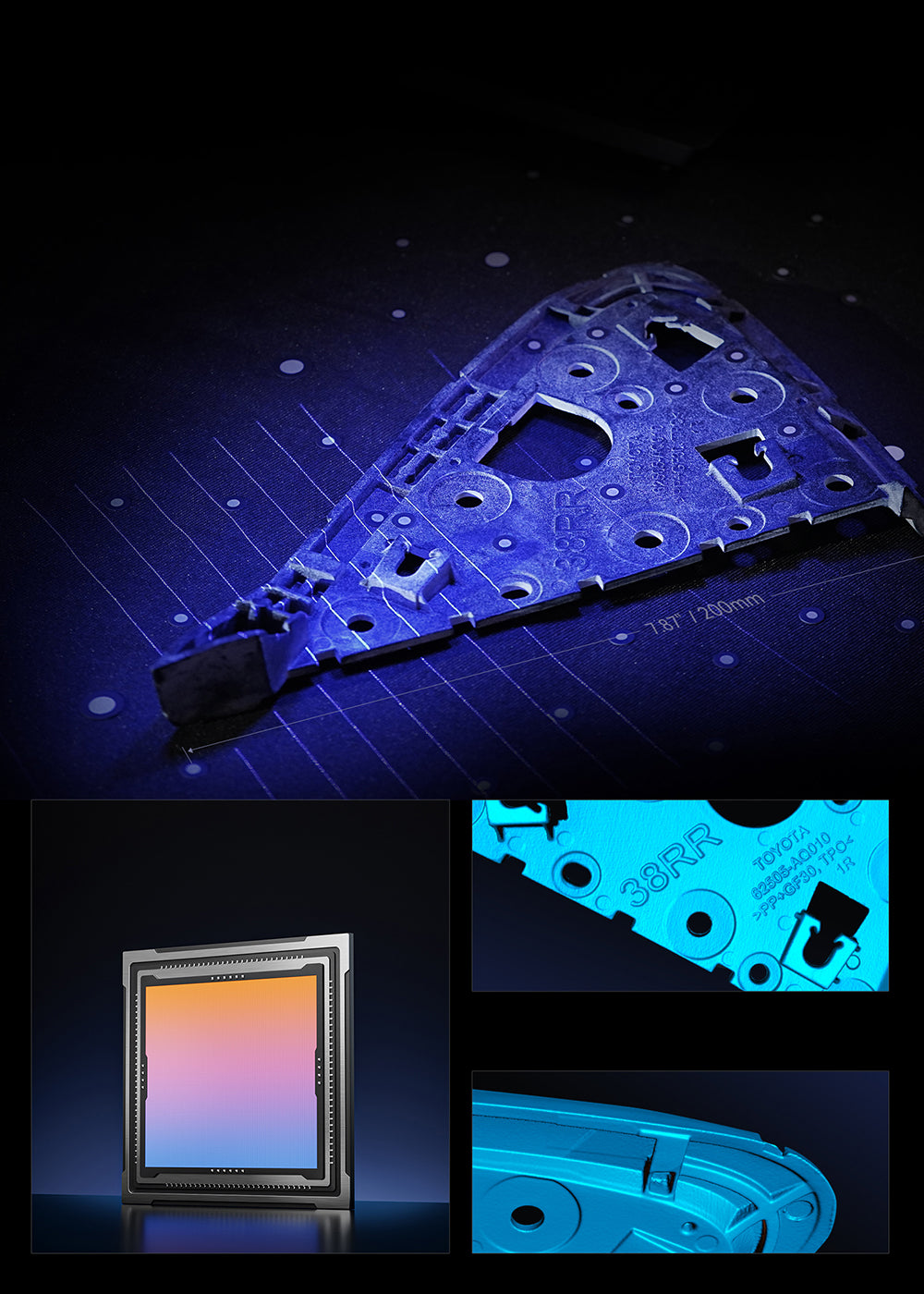 3D skener Creality Raptor, hybridní modrý laser NIR, rychlost skenování 60 snímků za sekundu, objekty o velikosti 5–2000 mm, 24bitové plnobarevné skenování, přesnost 0,02 mm, ochrana proti otřesům