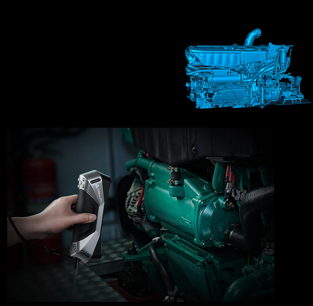 3D skener Creality Raptor, hybridní modrý laser NIR, rychlost skenování 60 snímků za sekundu, objekty o velikosti 5–2000 mm, 24bitové plnobarevné skenování, přesnost 0,02 mm, ochrana proti otřesům