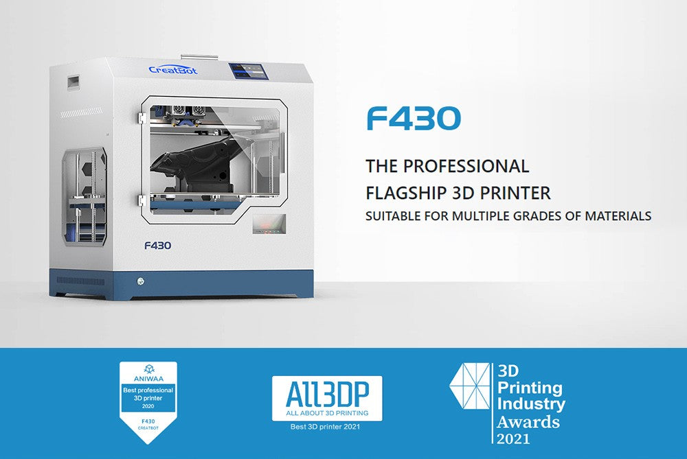 3D tiskárna CreatBot F430, duální extruder, automatické nivelace, přesnost 0,04 mm, maximální rychlost tisku 180 mm/s, detekce filamentu, obnova po výpadku, plně uzavřená, sklokeramická platforma, 400*300*300 mm