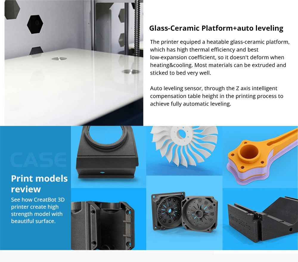 3D tiskárna CreatBot F430, duální extruder, automatické nivelace, přesnost 0,04 mm, maximální rychlost tisku 180 mm/s, detekce filamentu, obnova po výpadku, plně uzavřená, sklokeramická platforma, 400*300*300 mm