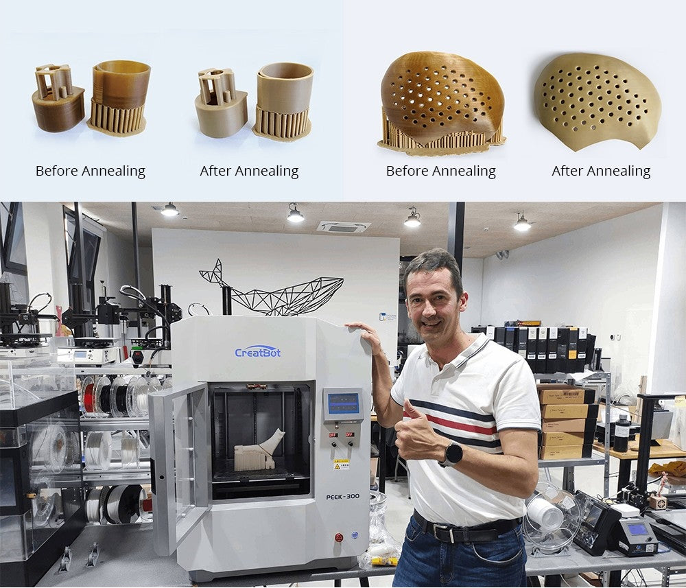 3D tiskárna CreatBot PEEK-300, automatické vyrovnávání, automatické zvedání duálních extruderů, rychlost tisku 10–120 mm/s, systém přímého žíhání, chlazení vzduchovým čerpadlem/vodou, objem jednoho extruderu 300x300x400 mm, objem duálního extruderu 240x300x400 mm