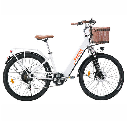 CYSUM Cityrun-26 Step-Thru Electric City Bike 26 Inch Tire 250W Motor 36V 10Ah Battery 25km/h Max Speed 30-50km Range SHIMANO 7-speed Gear Dual Disc Brake - White