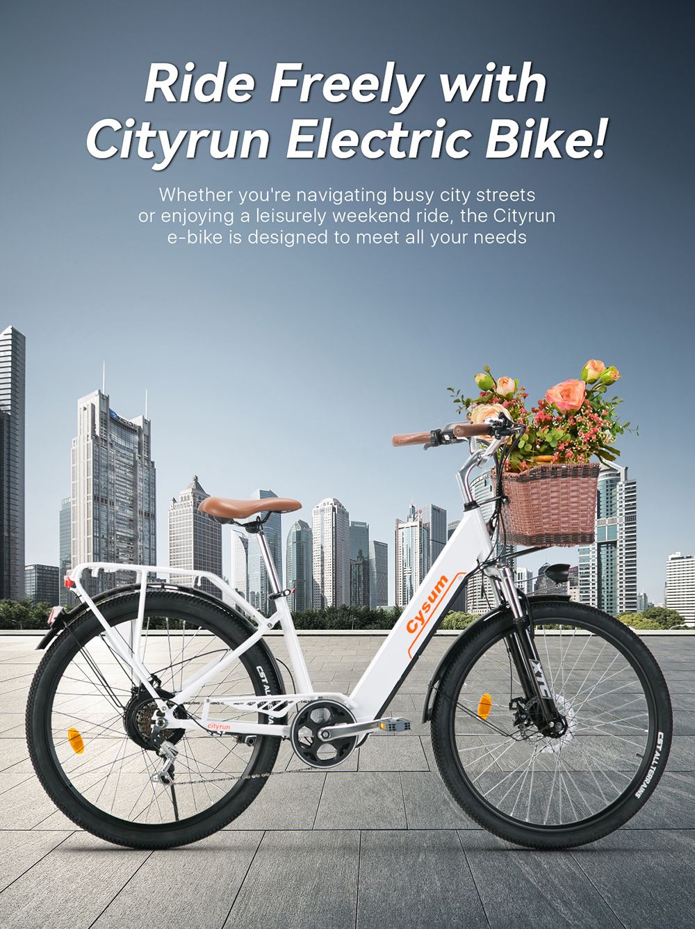 Elektrické městské kolo CYSUM Cityrun-26 Step-Thru, 26palcové pneumatiky, motor 250 W, baterie 36 V 10 Ah, maximální rychlost 25 km/h, dojezd 30–50 km, 7stupňová dvojitá kotoučová brzda SHIMANO – bílá