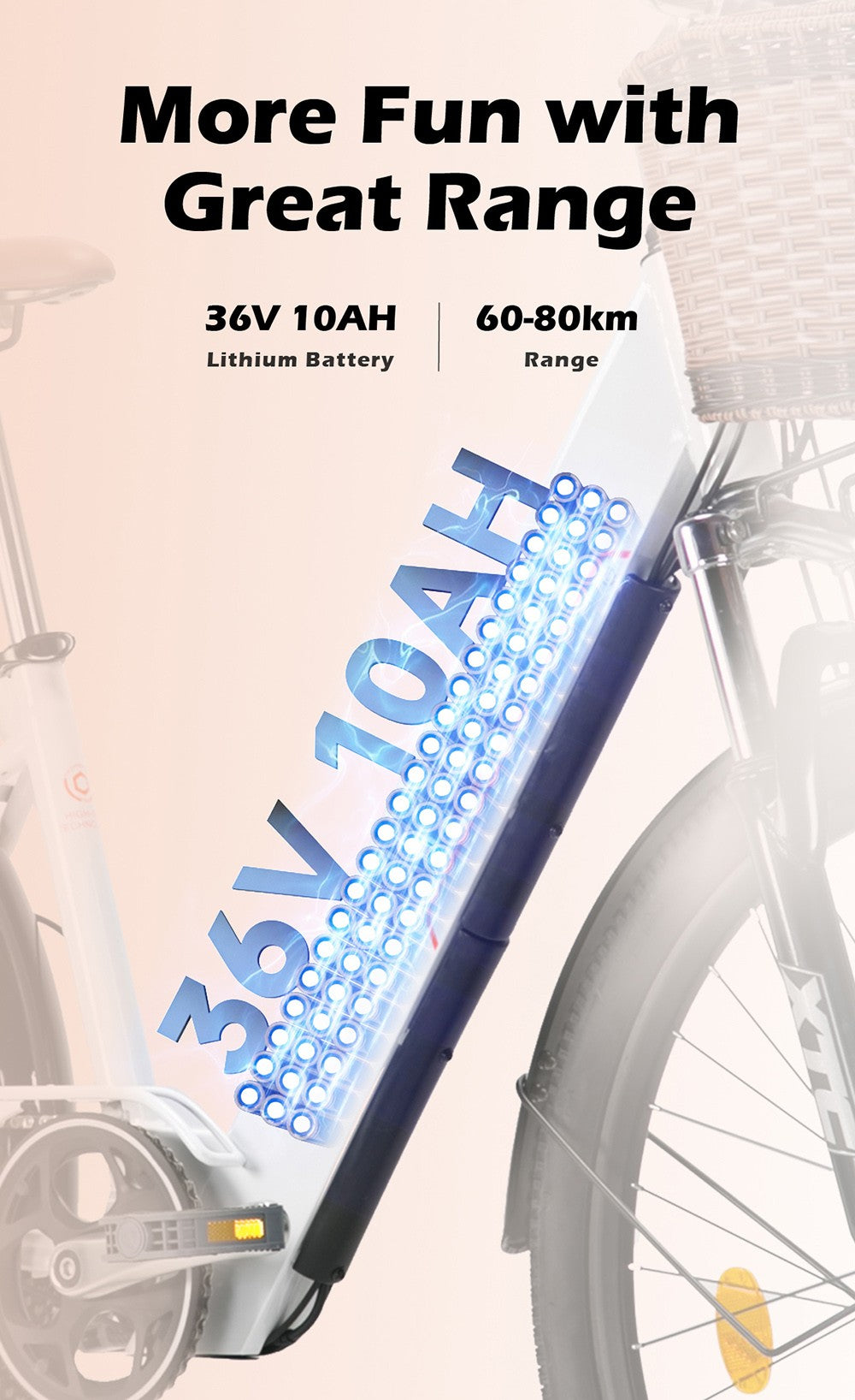 Elektrické městské kolo CYSUM Cityrun-26 Step-Thru, 26palcové pneumatiky, motor 250 W, baterie 36 V 10 Ah, maximální rychlost 25 km/h, dojezd 30–50 km, 7stupňová dvojitá kotoučová brzda SHIMANO – bílá