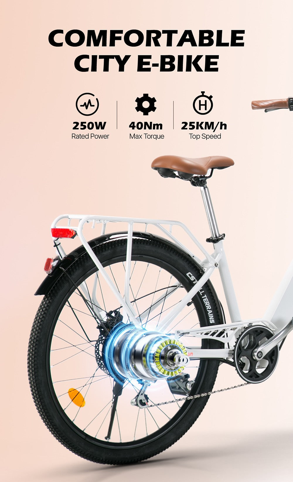 Elektrické městské kolo CYSUM Cityrun-26 Step-Thru, 26palcové pneumatiky, motor 250 W, baterie 36 V 10 Ah, maximální rychlost 25 km/h, dojezd 30–50 km, 7stupňová dvojitá kotoučová brzda SHIMANO – bílá