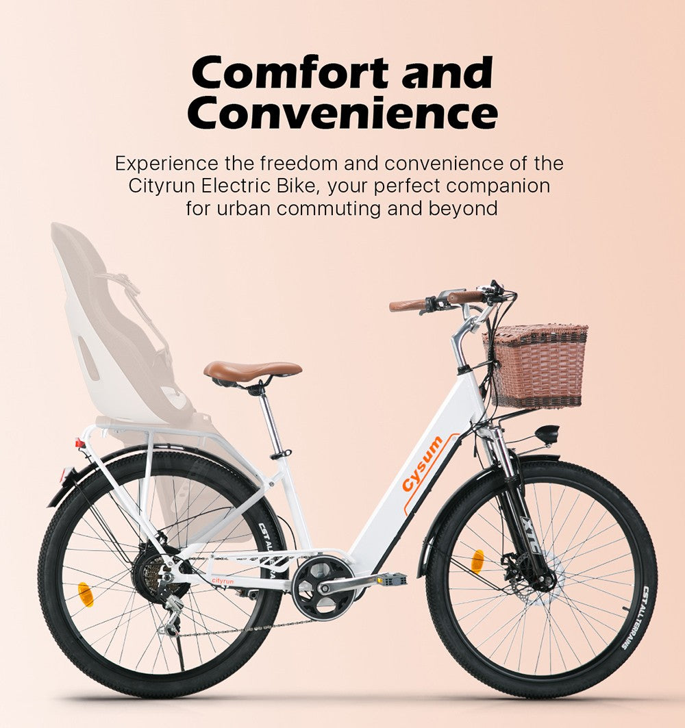 Elektrické městské kolo CYSUM Cityrun-26 Step-Thru, 26palcové pneumatiky, motor 250 W, baterie 36 V 10 Ah, maximální rychlost 25 km/h, dojezd 30–50 km, 7stupňová dvojitá kotoučová brzda SHIMANO – bílá