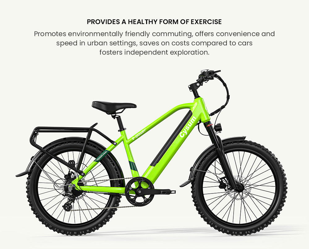 Teenagerské elektrokolo CYSUM Hoody, motor 250 W, baterie 36 V 10 Ah, maximální rychlost 35 km/h, maximální dojezd 55 km, pneumatiky 24 x 2,1 palce, řazení SHIMANO 8 rychlostí, LCD displej, LED světlomety