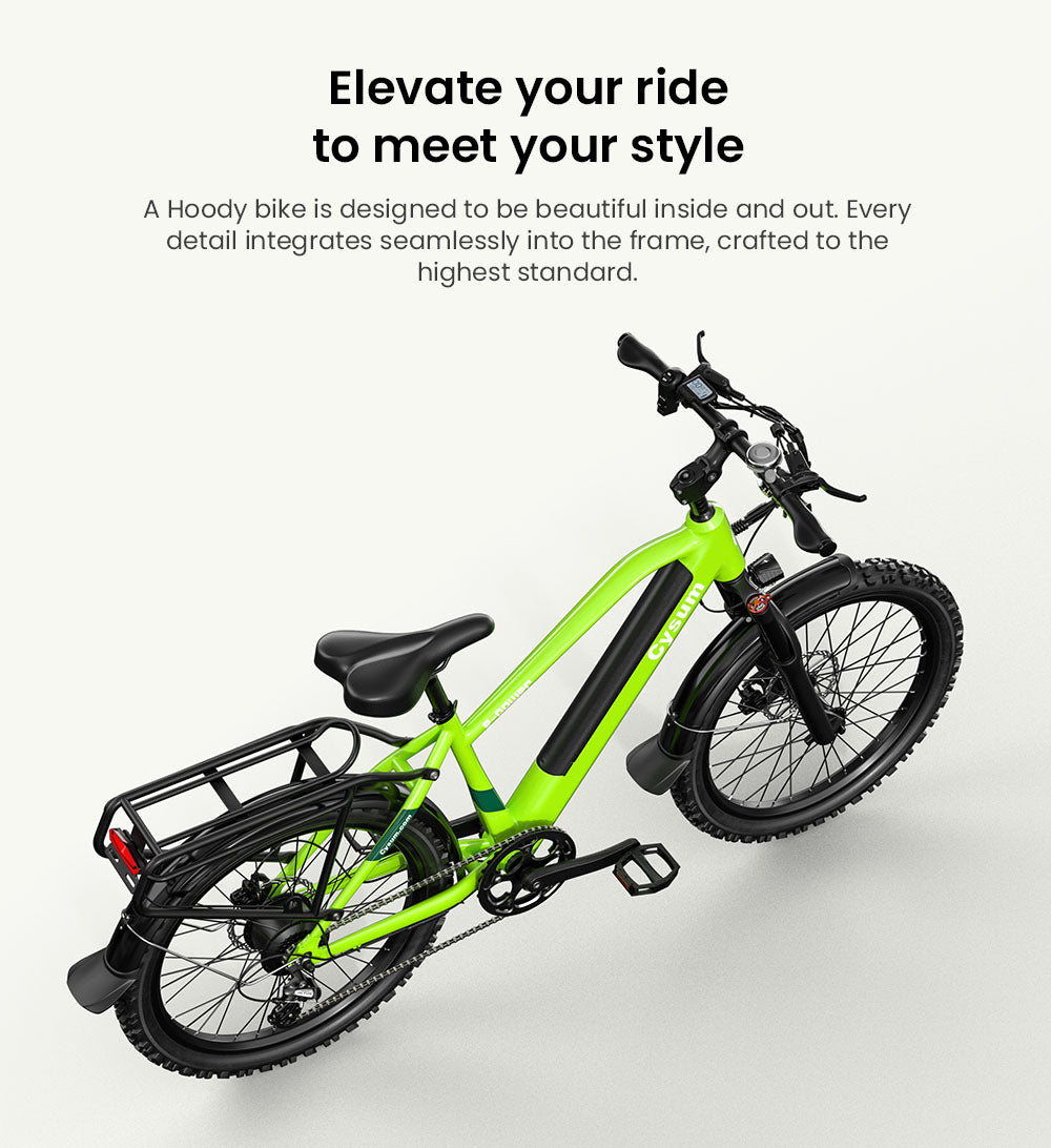 Teenagerské elektrokolo CYSUM Hoody, motor 250 W, baterie 36 V 10 Ah, maximální rychlost 35 km/h, maximální dojezd 55 km, pneumatiky 24 x 2,1 palce, řazení SHIMANO 8 rychlostí, LCD displej, LED světlomety