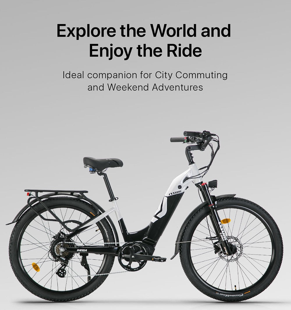 Elektrokolo Cysum Panda, motor 500 W, baterie 48 V 14 Ah, pneumatiky 27,5 x 2,2 palce, maximální rychlost 40 km/h, dojezd 65–90 km, hydraulické kotoučové brzdy, odpružená vidlice, SHIMANO 7 rychlostí, LCD displej