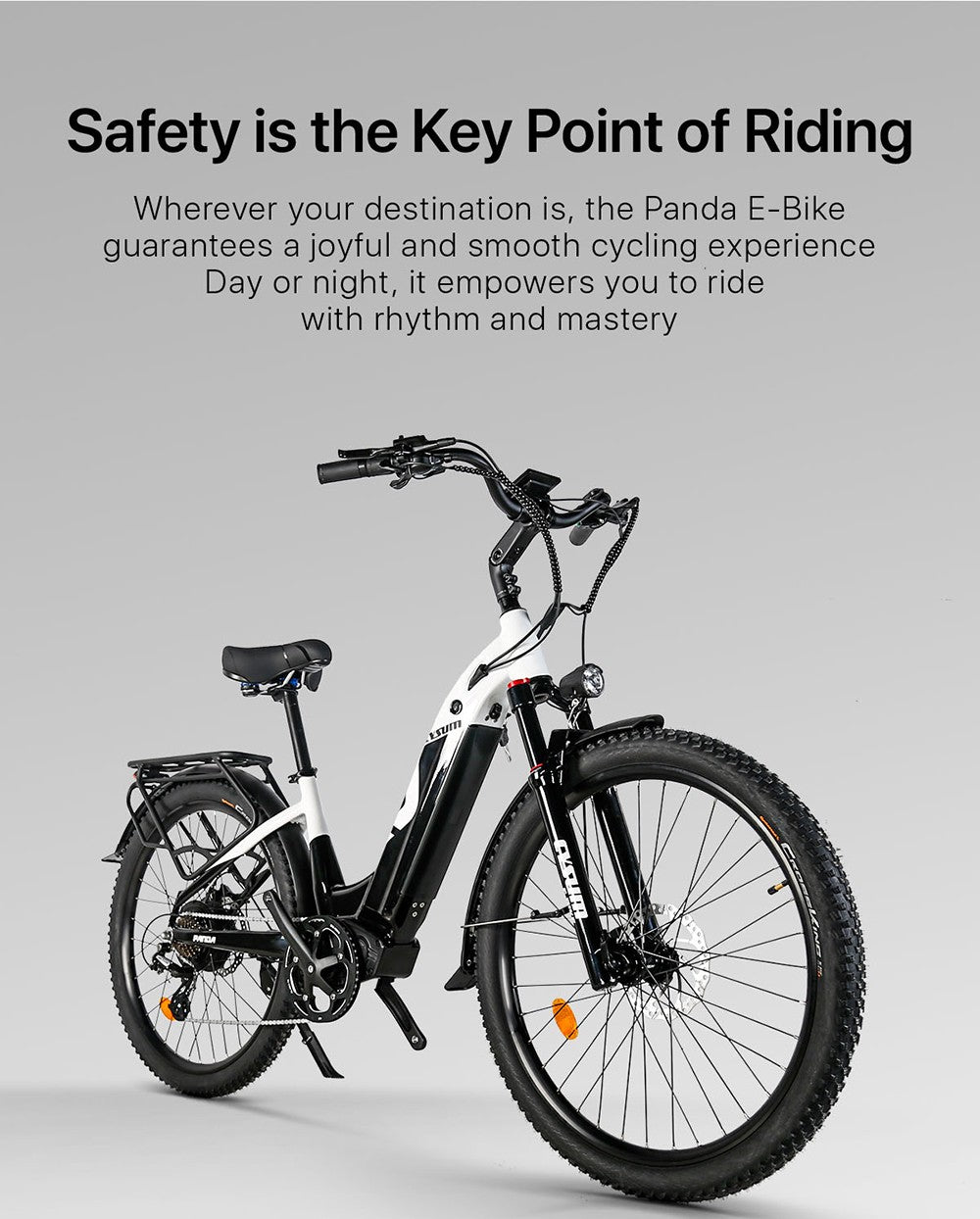 Elektrokolo Cysum Panda, motor 500 W, baterie 48 V 14 Ah, pneumatiky 27,5 x 2,2 palce, maximální rychlost 40 km/h, dojezd 65–90 km, hydraulické kotoučové brzdy, odpružená vidlice, SHIMANO 7 rychlostí, LCD displej