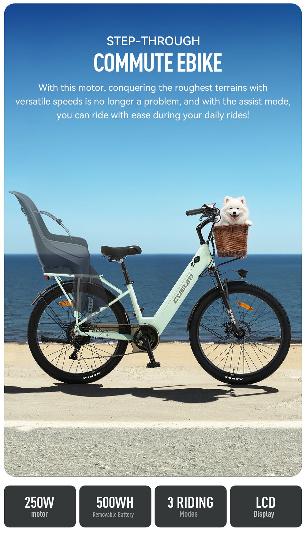 Elektrokolo CYSUM X-city, motor 250 W, baterie 48 V 10,4 Ah, pneumatiky 26 x 1,95 palce, maximální rychlost 25 km/h, dojezd 80 km, mechanická kotoučová brzda, řazení Shimano 7 rychlostí, LCD displej - zelená