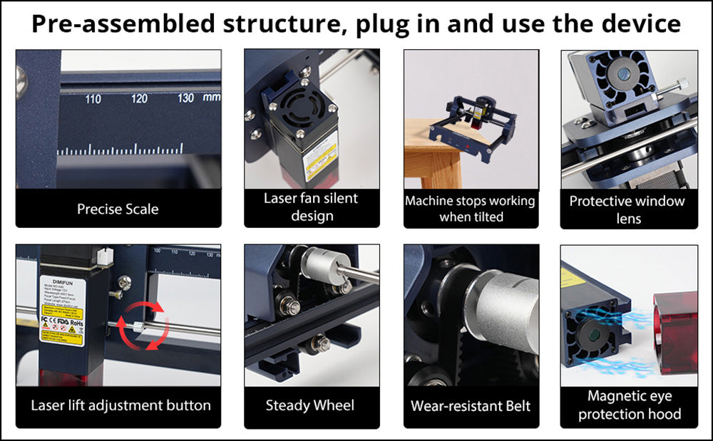 Přenosný laserový gravírovací stroj DIMIFUN D9 A25 2,5 W, ochrana očí, rychlost 10 000 mm/min, bod 0,06 mm, 130*130 mm, redukce hluku