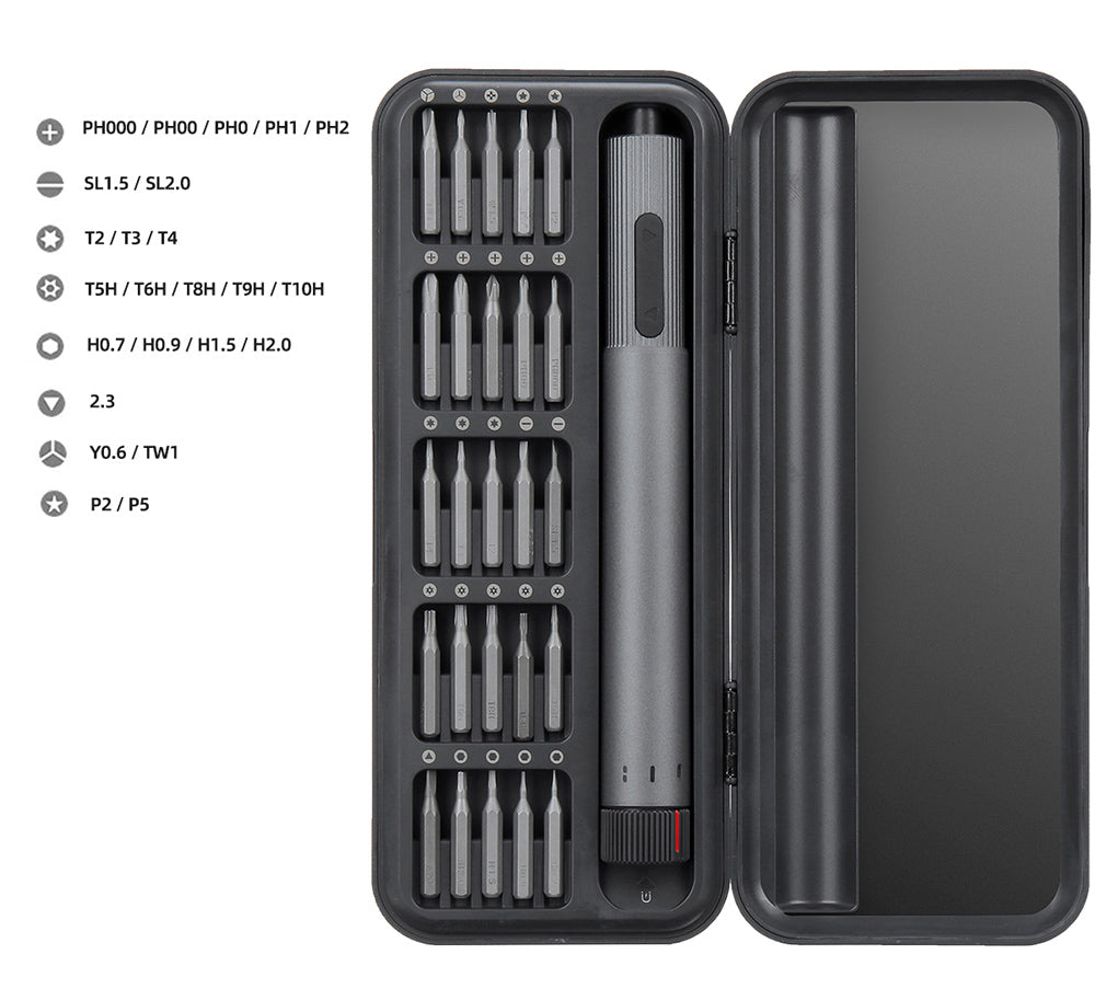 Sada elektrických šroubováků DUKA E2, s dvojitým nastavením otáček 210 ot./min, 25 šroubovákových hlavic, rychlonabíjení, nářadí pro opravy