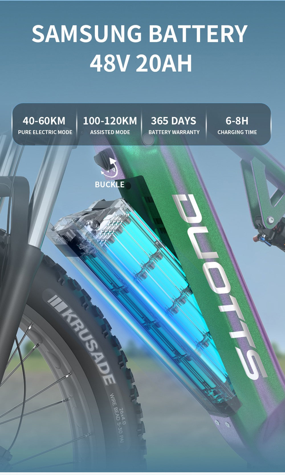 Elektrokolo DUOTTS E26, motor 750 W, baterie 48 V 20 Ah, pneumatiky 26 x 4,0 palce, maximální rychlost 55 km/h, maximální rychlost 120 km, hydraulické kotoučové brzdy, odpružení vpředu a vzadu, řazení Shimano 8 rychlostí - zeleno-fialové